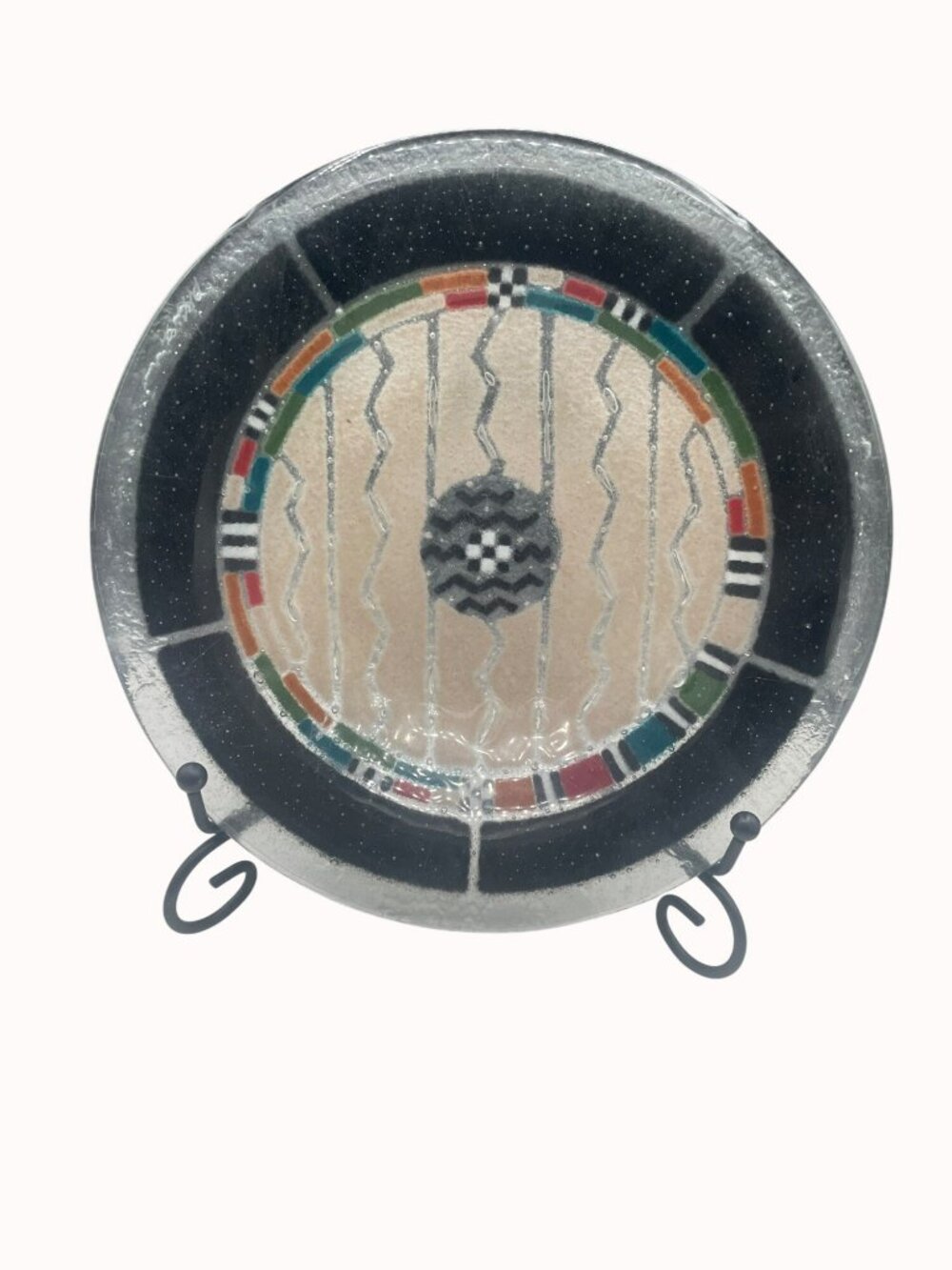 Vtg Peggy Karr Native Southwestern Geometric Fused Art Glass Decorative Bowl USA